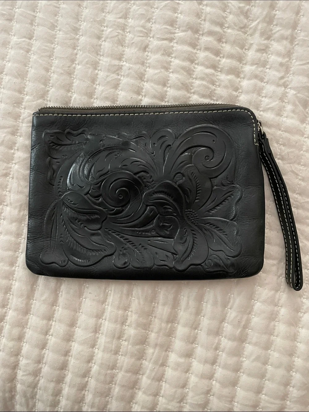 Patricia Nash Black Floral Embossed Leather Wristlet